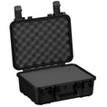 Load image into Gallery viewer, Black rugged protective hard case with foam padding and secure latch closures, open lid showing egg-crate foam interior.