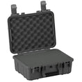 Load image into Gallery viewer, Black hard-shell protective case with foam interior and secure latches open flat.