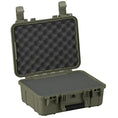 Load image into Gallery viewer, Open rugged olive green protective case with foam padding inside and secure latch closures.