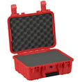 Load image into Gallery viewer, Red hard protective case with black foam interior and two red latches on top.