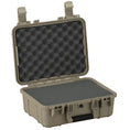 Load image into Gallery viewer, Tan hard-shell protective case with open lid, foam padding on interior, sturdy latches and handle.