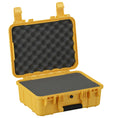 Load image into Gallery viewer, Yellow hard protective case with foam padding and secure latches, open lid showing egg crate foam interior.