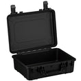 Load image into Gallery viewer, Black hard plastic protective case with open lid and secure latches.
