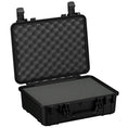 Load image into Gallery viewer, Black hard protective case with foam interior and secure latches open flat.