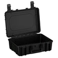 Load image into Gallery viewer, Black hard plastic protective case with open lid and secure latch closures.