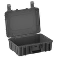 Load image into Gallery viewer, Black hard-shell protective case with hinged lid and secure latches, open view.