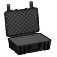 Load image into Gallery viewer, Black hard protective carrying case with egg crate foam lid and flat foam base insert.