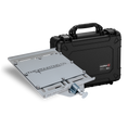 Load image into Gallery viewer, Silver metal mounting plate with adjustable clamp next to a black hard carrying case with handle and red logo panel.