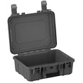 Load image into Gallery viewer, Black rugged waterproof hard case with open lid and secure latches.