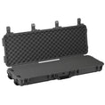 Load image into Gallery viewer, Black hard protective rifle case with foam-padded interior and secure latches, open view.