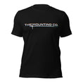 Load image into Gallery viewer, Black t-shirt with white glitch-effect "THE MOUNTING CO." logo across the chest.
