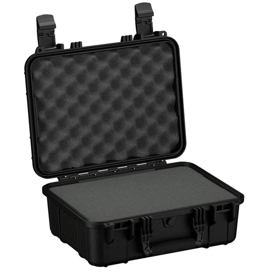 Black rugged protective hard case with foam padding and secure latch closures, open lid showing egg-crate foam interior.