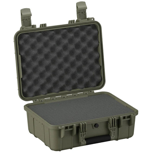 Open rugged olive green protective case with foam padding inside and secure latch closures.