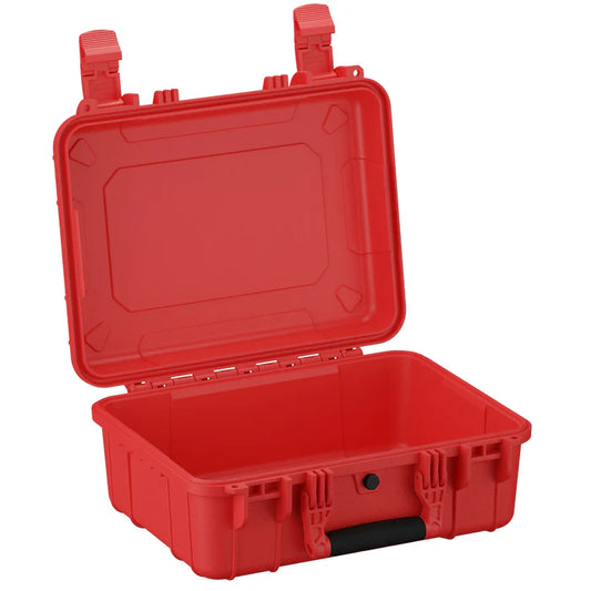 Red hard plastic protective case with secure latches and black handle, lid open.