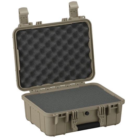 Tan hard-shell protective case with open lid, foam padding on interior, sturdy latches and handle.