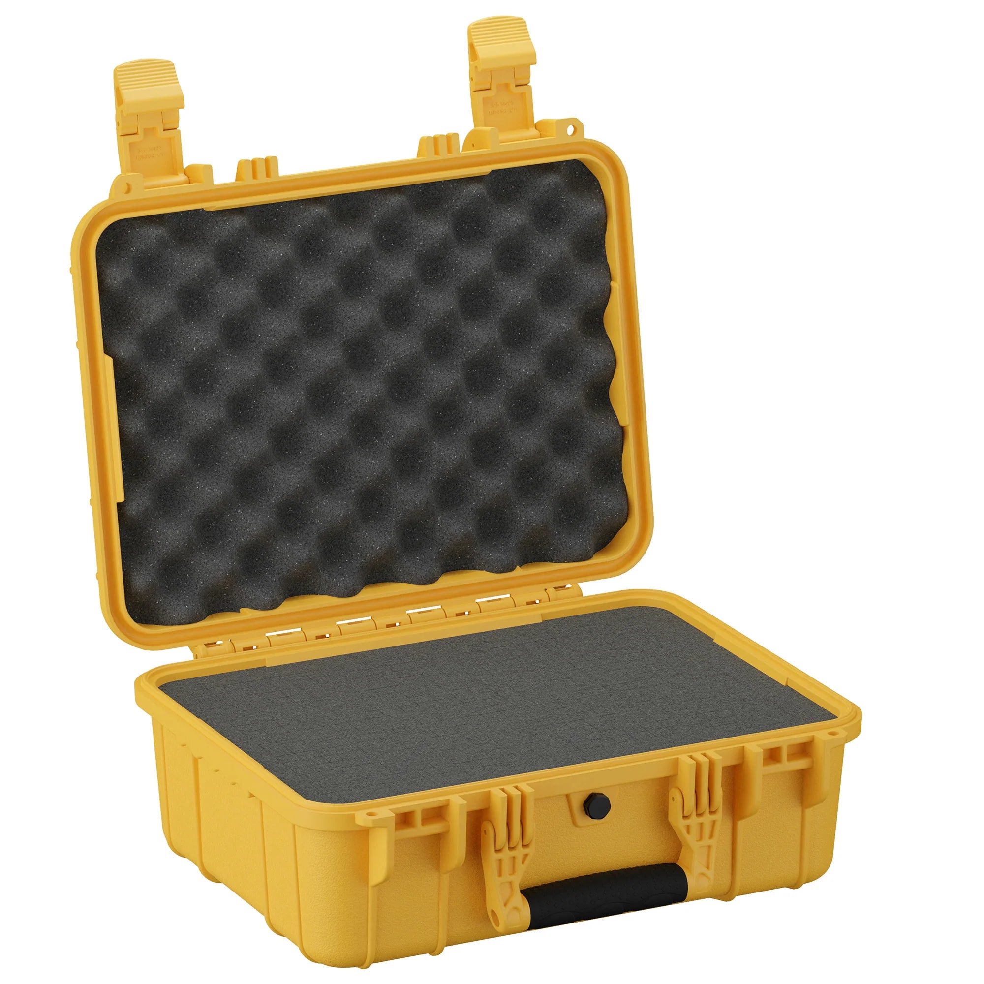 Yellow hard protective case with foam padding and secure latches, open lid showing egg crate foam interior.