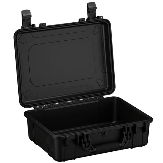 Black hard plastic protective case with open lid and secure latches.