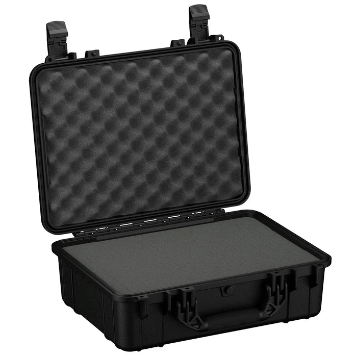 Black hard protective case with foam interior and secure latches open flat.