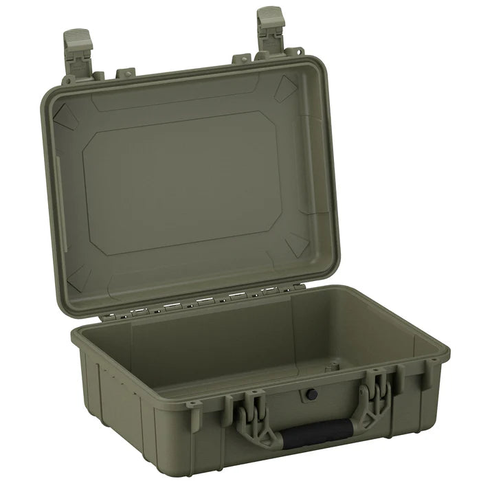 Open hard plastic protective case in Ranger Green with reinforced edges and black handle.