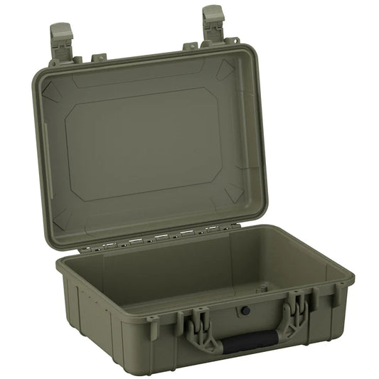 Open hard plastic protective case in Ranger Green with reinforced edges and black handle.