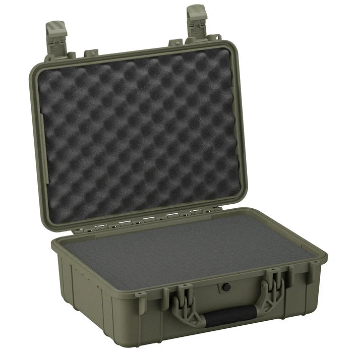Olive green hard protective case with open lid, black egg crate foam on top and flat foam insert inside, sturdy handle.