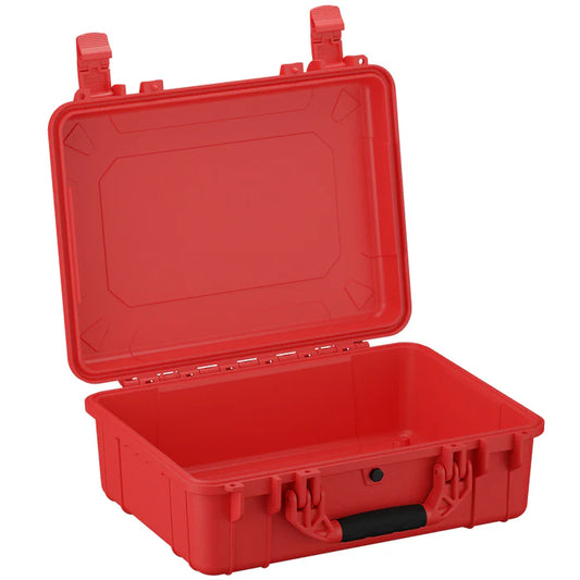 Hard plastic red protective case with hinged lid and black handle.
