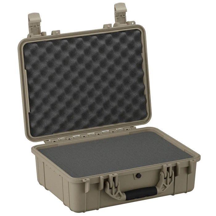 Tan hard protective case with open lid, foam padding interior, and secure latches.