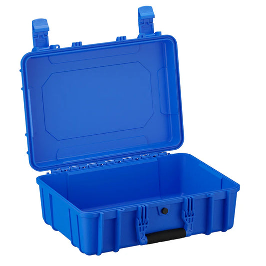 Open bright blue hard plastic protective case with adjustable latches and foam-free interior compartment.