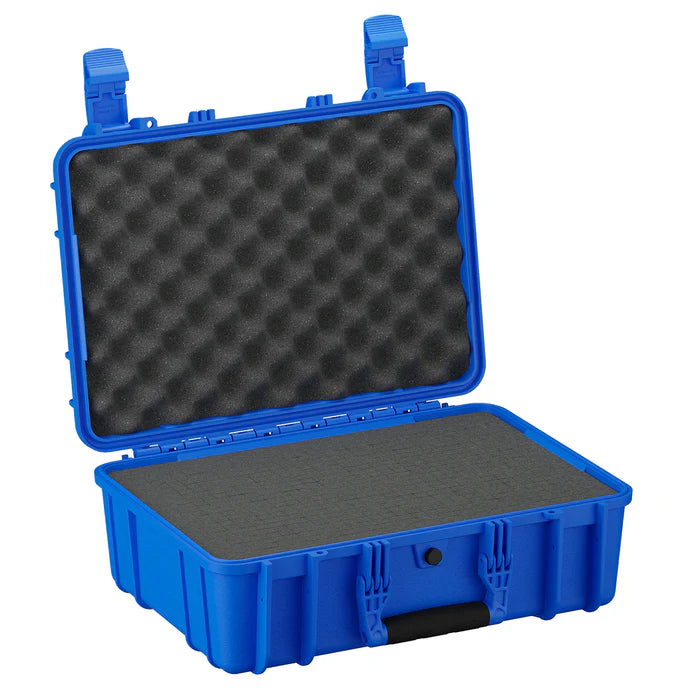 Blue hard shell protective case with open lid, foam padding inside, and secure latches.