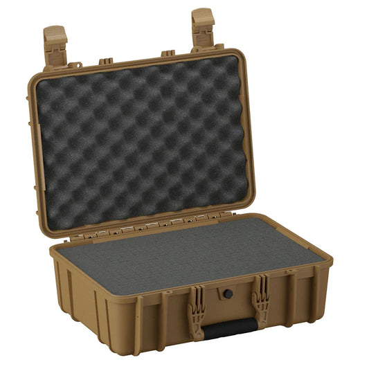 Tan hard protective case with open lid and egg-crate foam interior.
