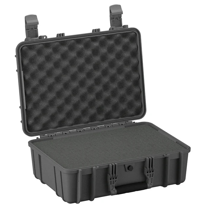 Black hard case with open lid, featuring dense egg crate foam interior and sturdy latches.
