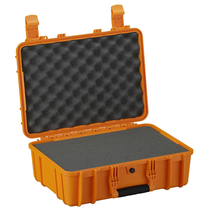 Orange hard-shell protective case with black egg-crate foam interior and secure latches.