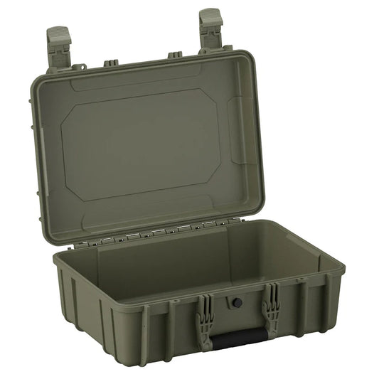 Open hard protective case in flat dark earth color with latches and reinforced corners.