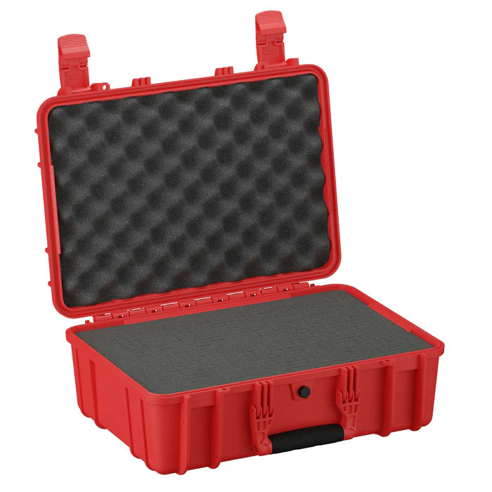 Red hard protective case with open lid, featuring egg crate foam interior and flat foam base.