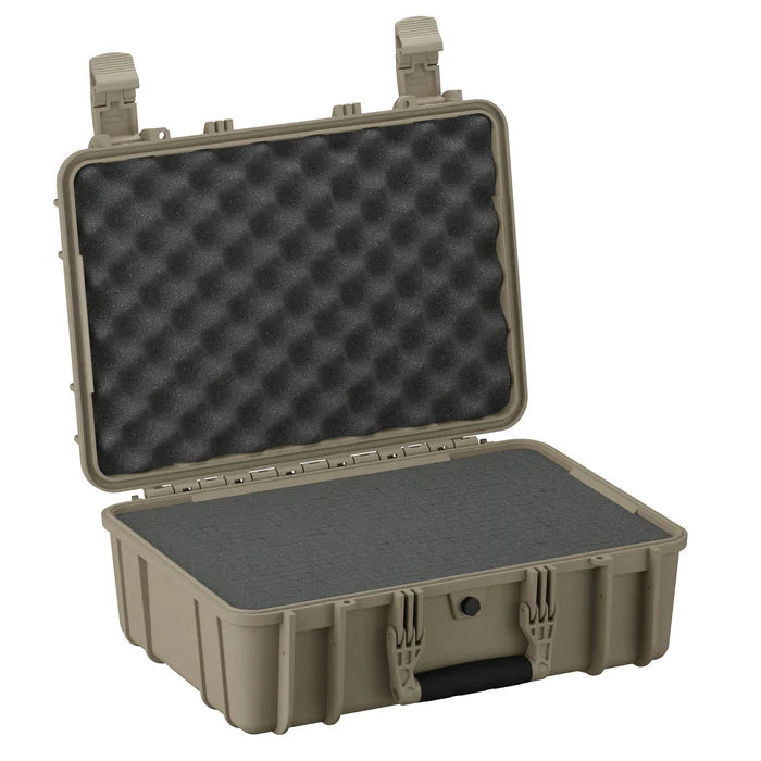 Tan hard protective case with open lid and foam padded interior.