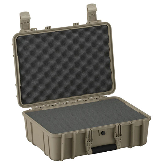 Tan hard protective case with open lid and foam padded interior.