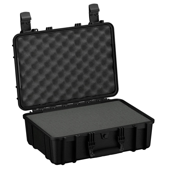 Black hard protective carrying case with egg crate foam lid and flat foam base insert.