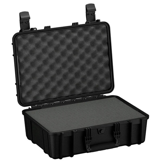 Black hard protective carrying case with egg crate foam lid and flat foam base insert.