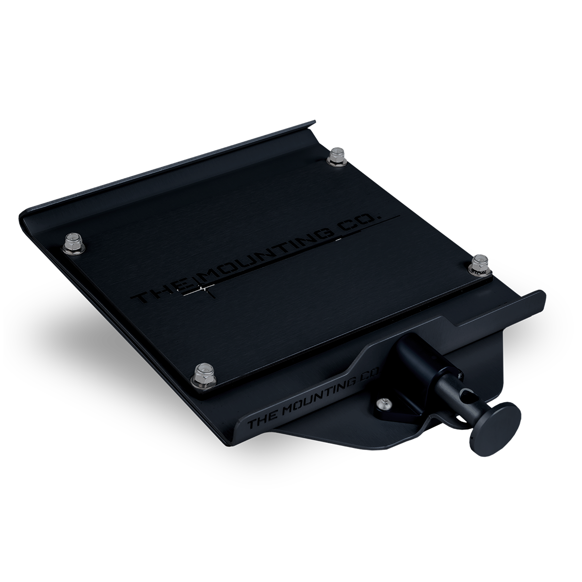 Black metal medium mount plate with four corner bolts and a locking knob on the side.