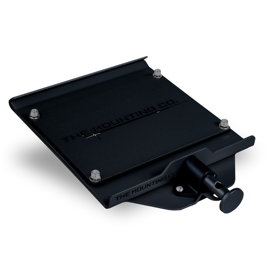 Black metal medium mount plate with four corner bolts and a locking knob on the side.