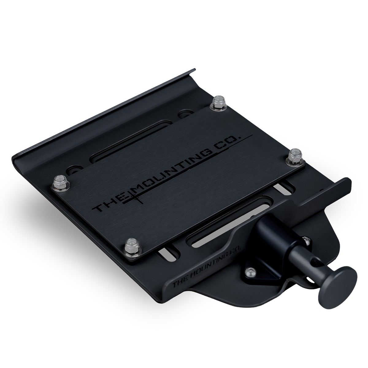 Black aluminum quick-release small mount with engraved logo and adjustable clamp mechanism.