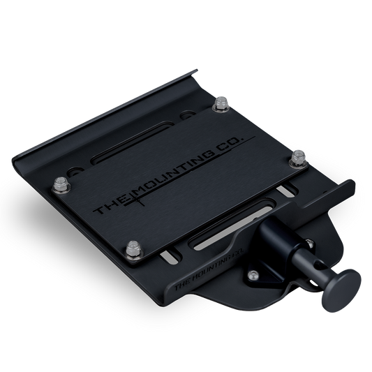 Black aluminum quick-release small mount with engraved logo and adjustable clamp mechanism.