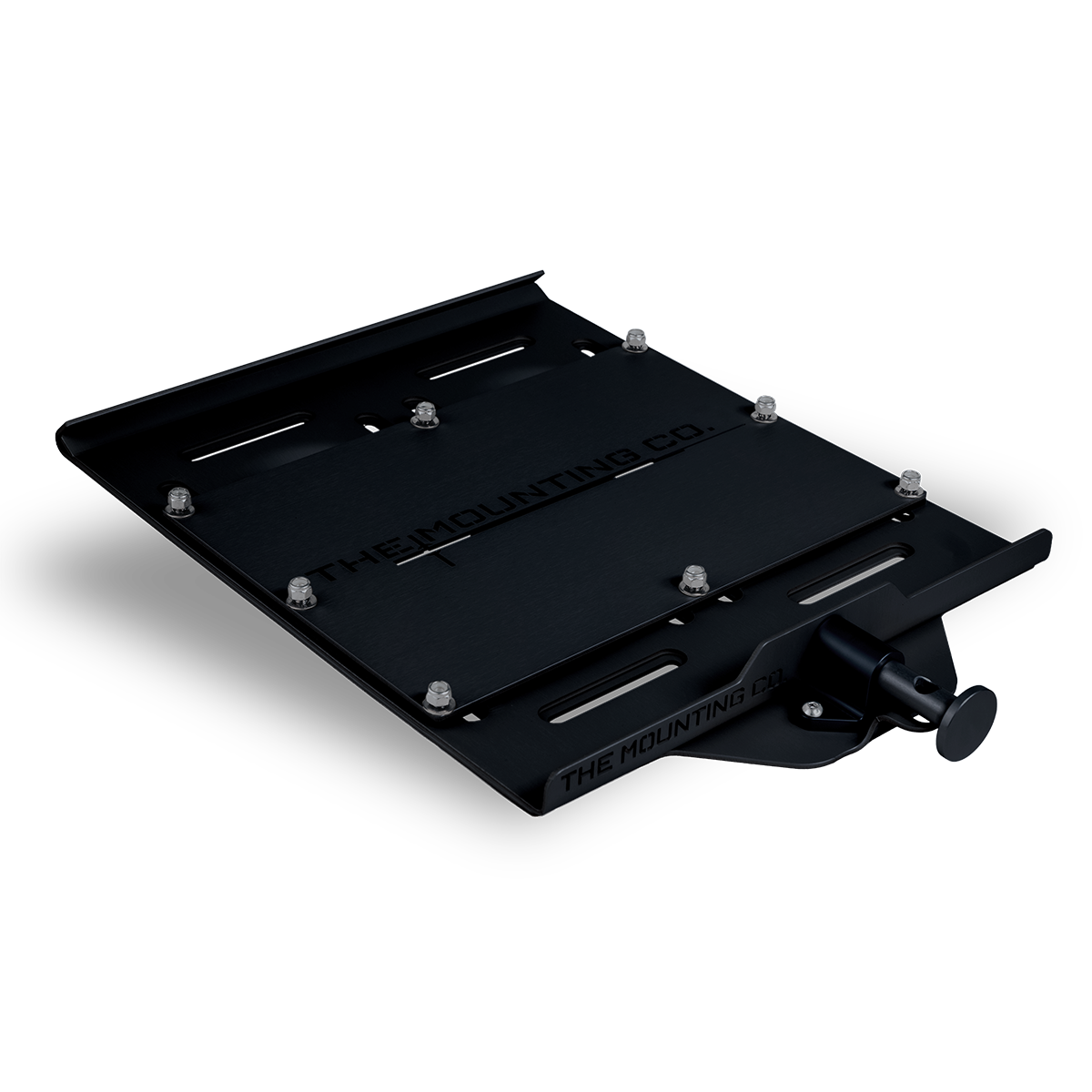 Black aluminum XL Mount base plate with multiple bolt holes and quick-release locking knob.
