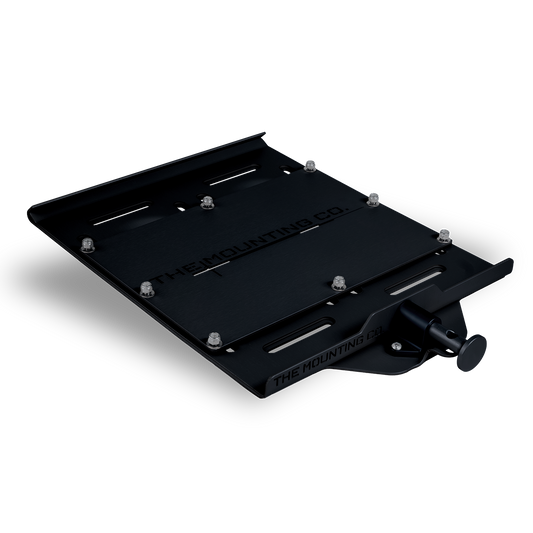 Black aluminum XL Mount base plate with multiple bolt holes and quick-release locking knob.