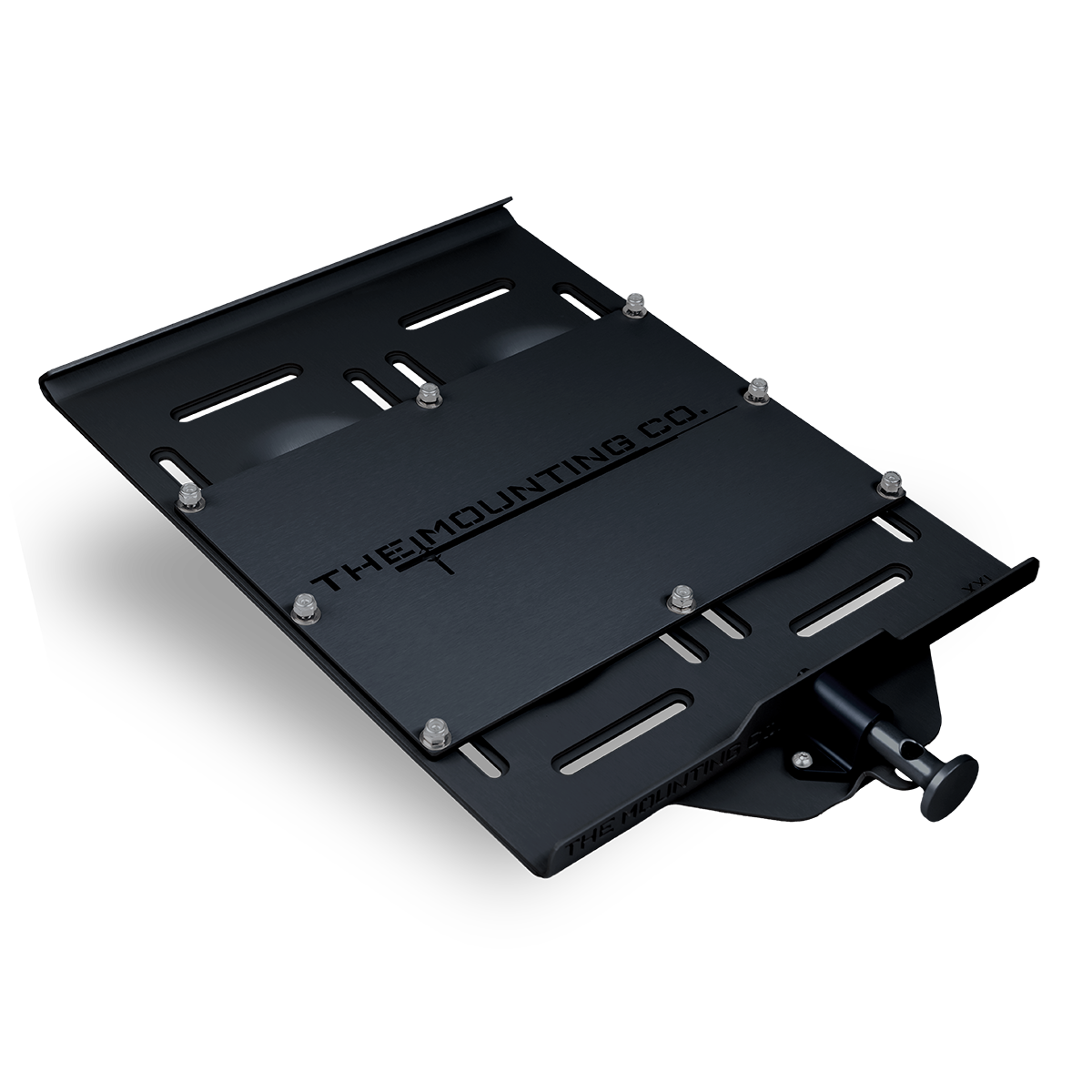 Black aluminum universal quick-release mount plate with multiple slots and bolts.