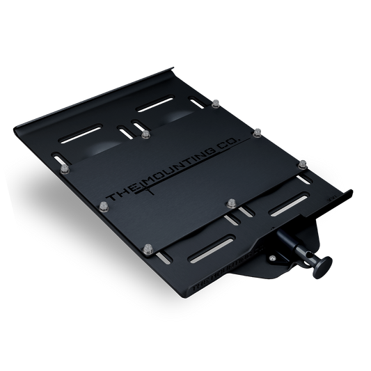 Black aluminum universal quick-release mount plate with multiple slots and bolts.