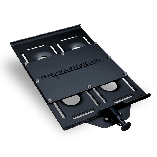 Black aluminum XXXL Mount with quick-release mechanism and The Mounting Co. logo, designed for heavy-duty gear attachment.