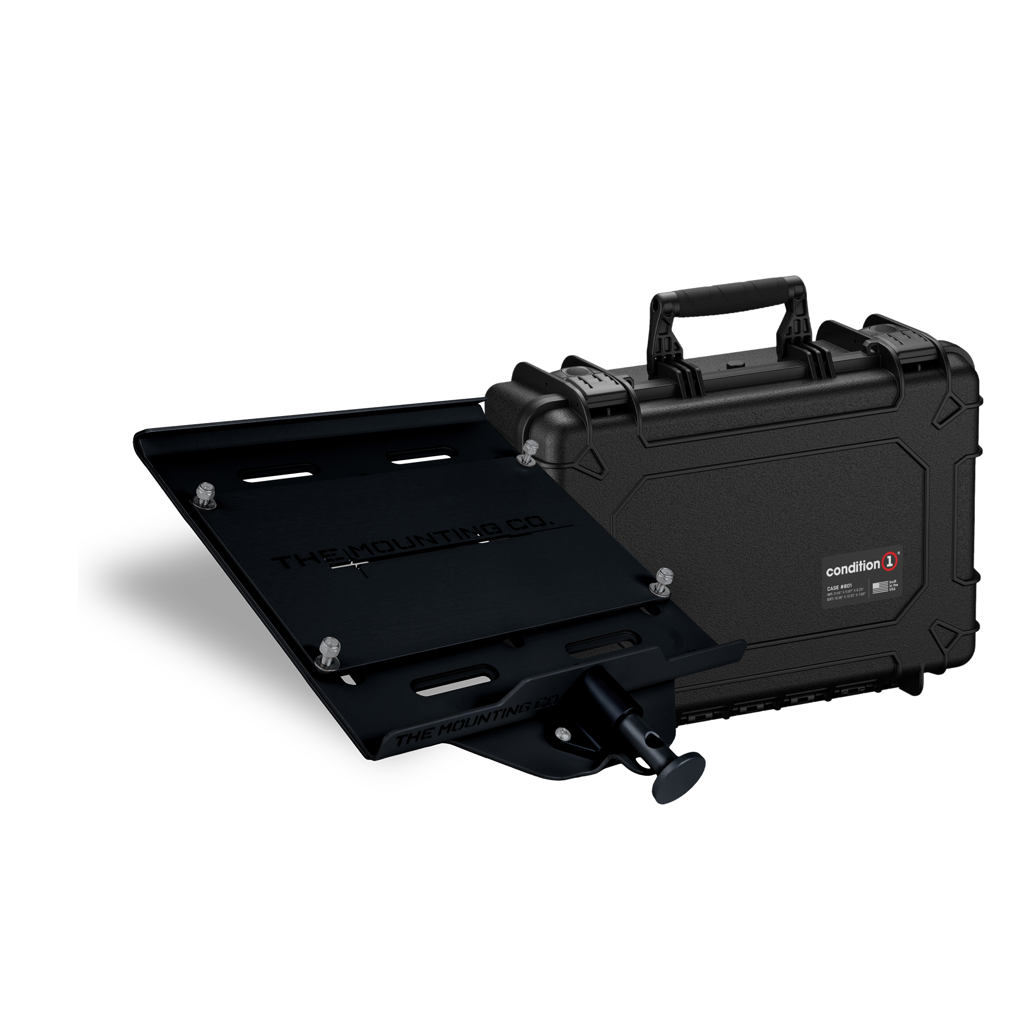 Black hard protective case with handle and a mounted adjustable black metal platform with bolts and knob.