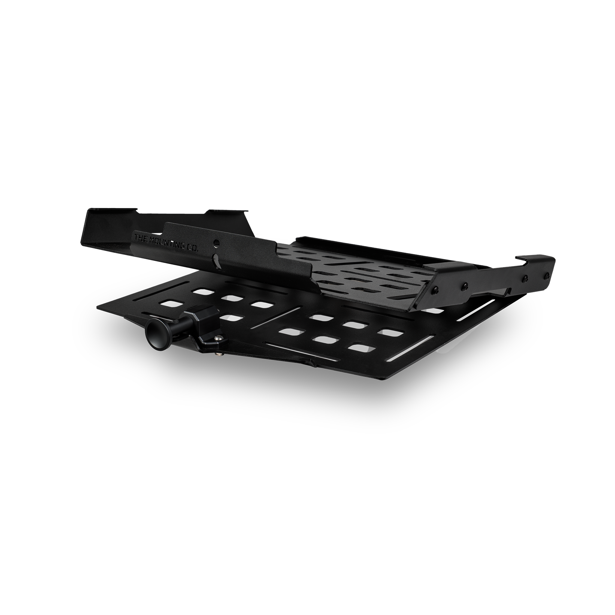 Black metal mounting bracket with multiple slots and adjustable clamps for Pelican Crate 45.