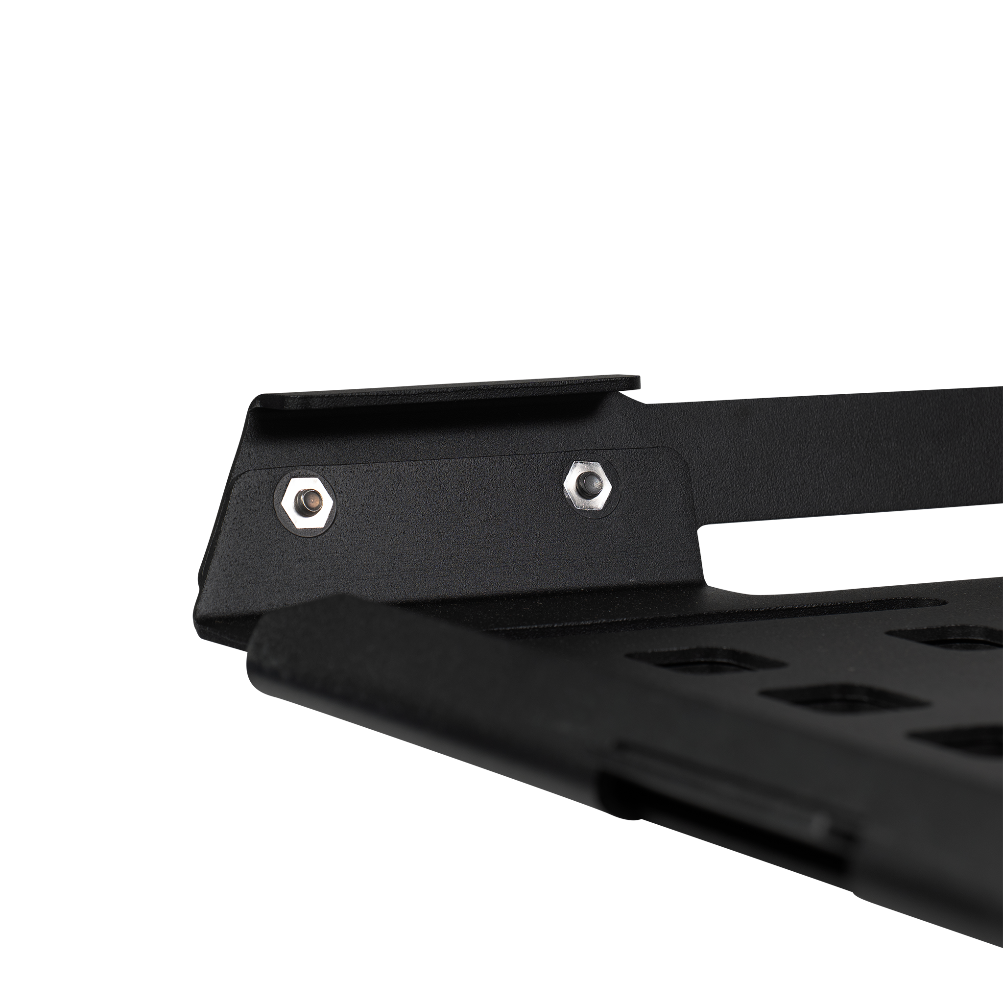 Black metal CR45 Pelican Crate 45 mount bracket with hex bolts on matte surface.